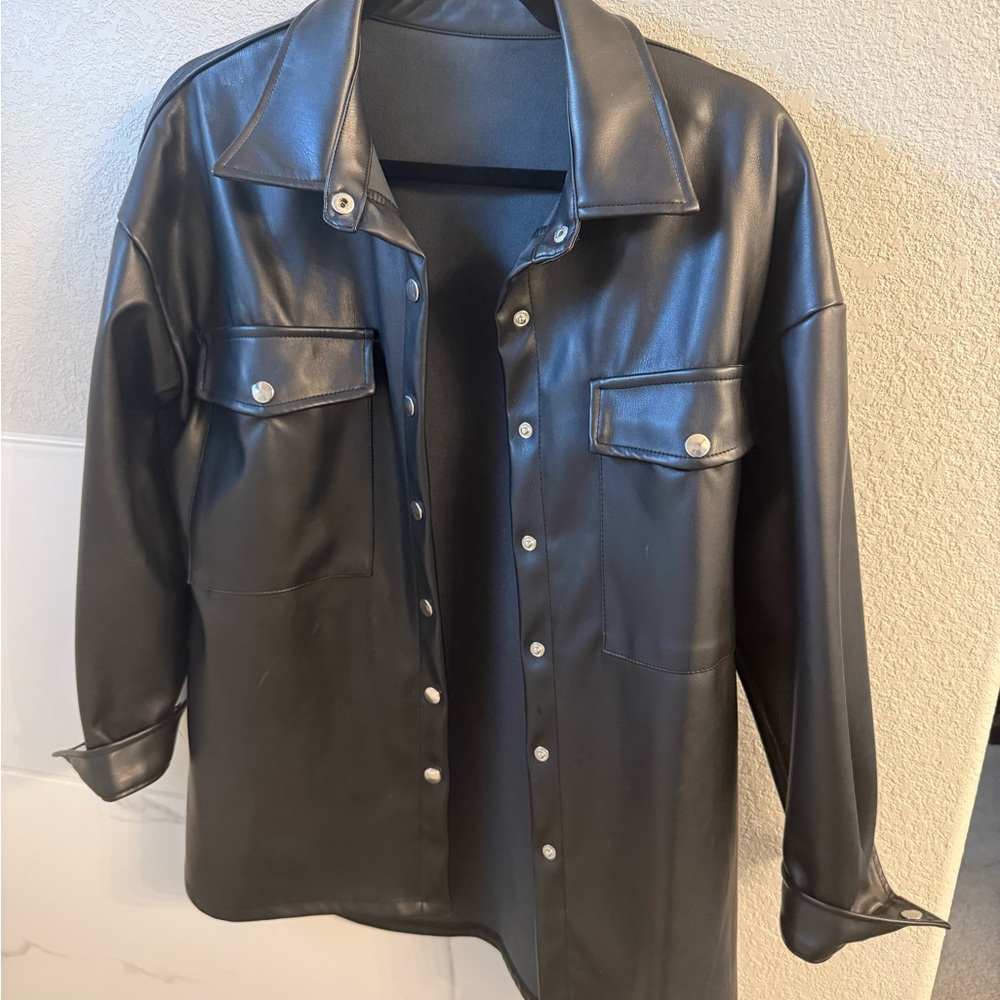Men's Black Faux Leather Button-Up Jacket
